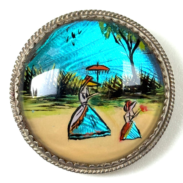 Antique Sterling Silver and Butterfly Wing Brooch