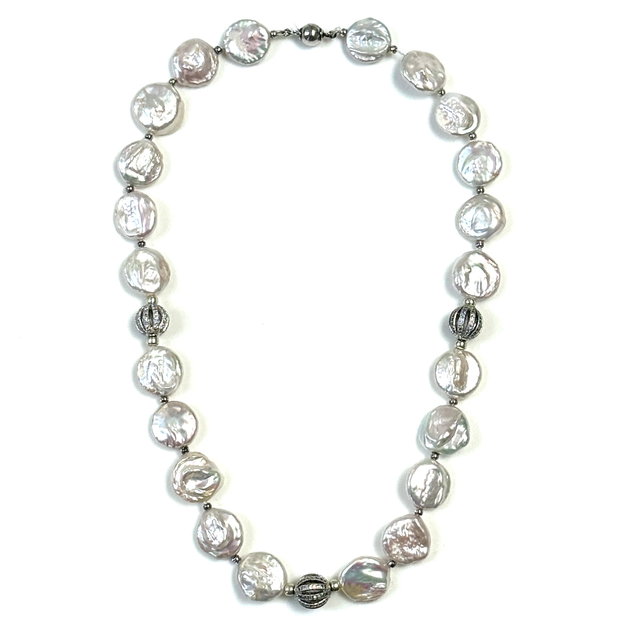 Keshi Pearl and Crystal-Set Silver Bead Necklace