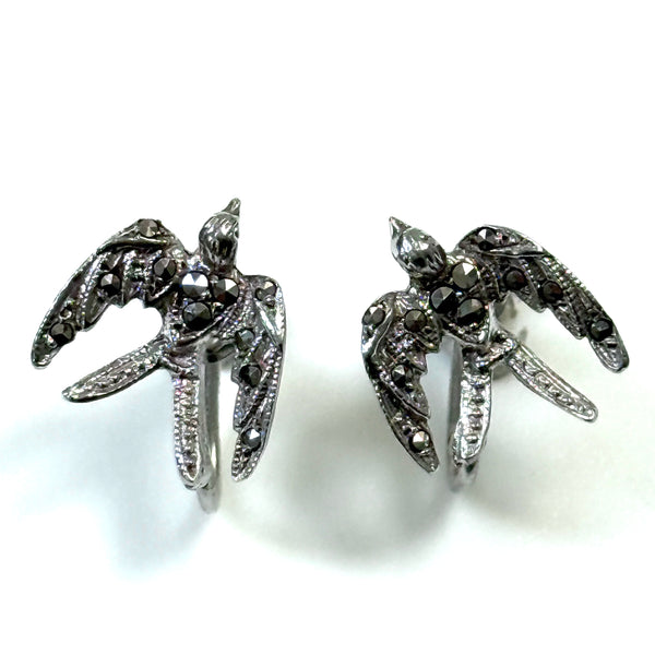 Vintage Silver and Marcasite “Flying Bird” Screw-On Earrings