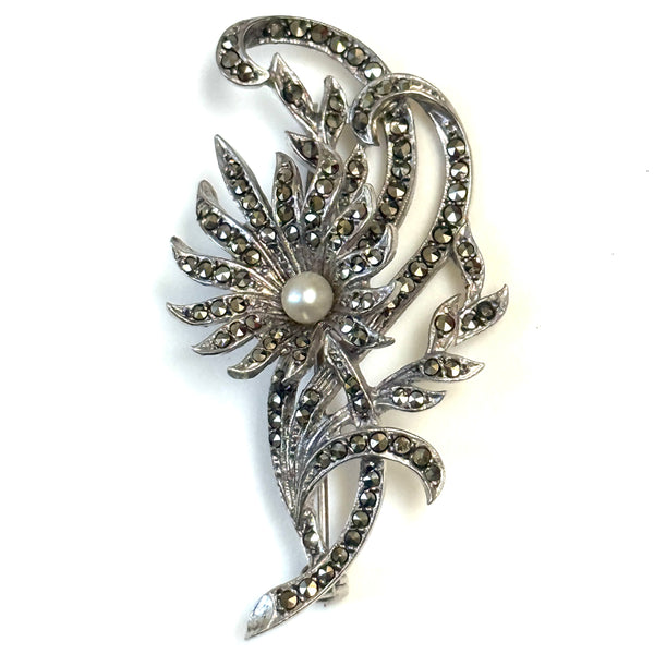 Vintage Silver, Marcasite and Pearl Floral Brooch