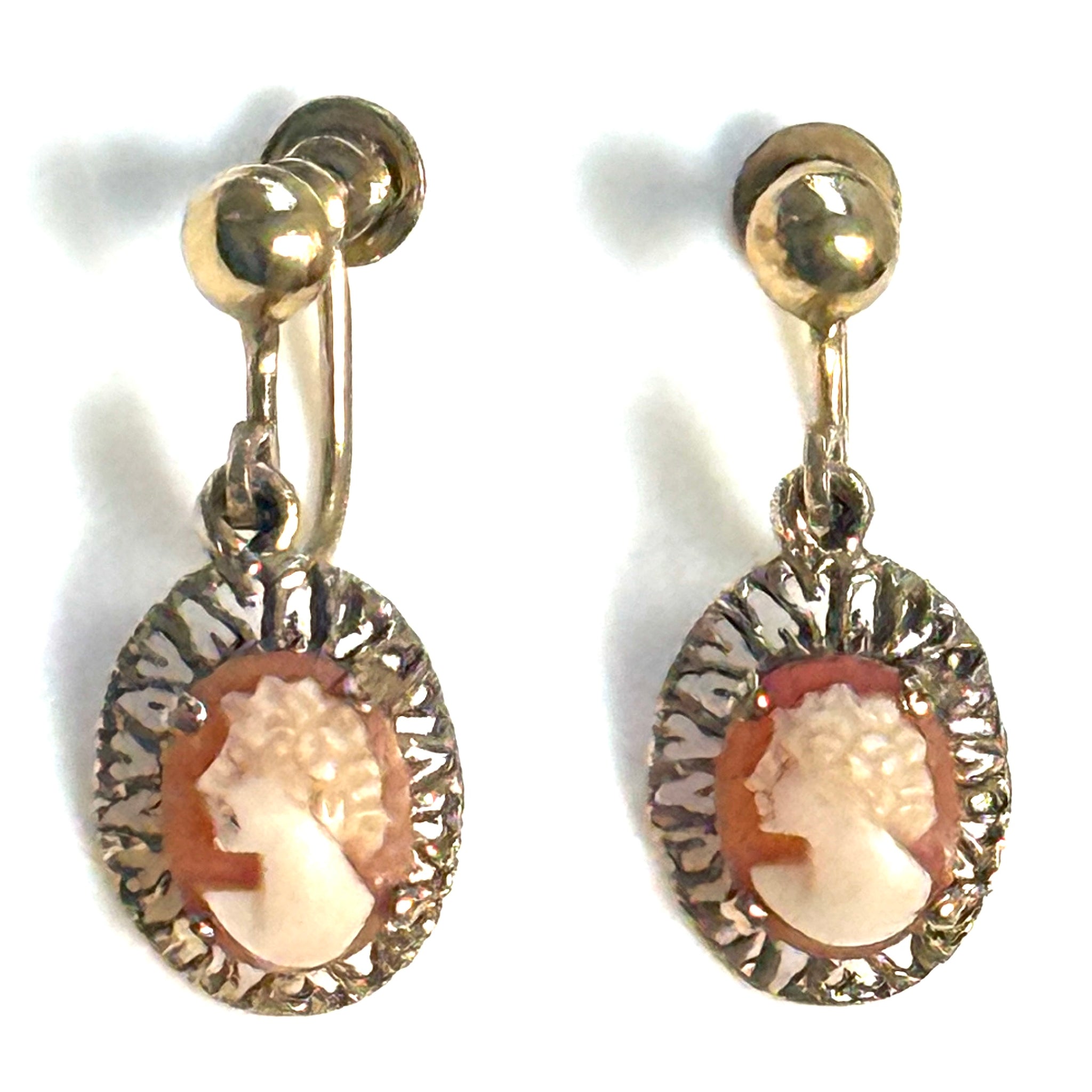 Vintage 9ct Gold Shell Cameo Screw-On Drop Earrings