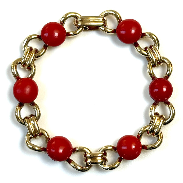 Mid-20th-Century 14ct Gold and Red Coral Link Bracelet