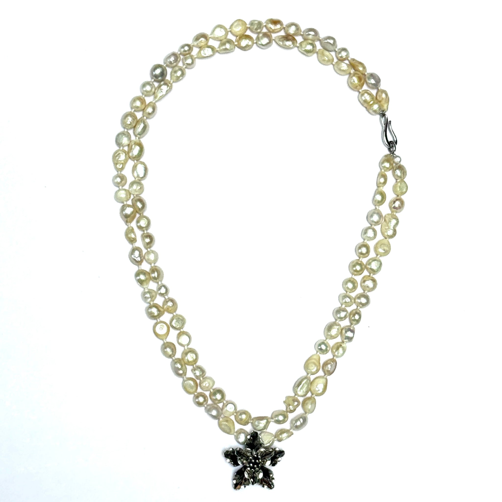 Long Baroque Pearl Necklace with Floral Pendant