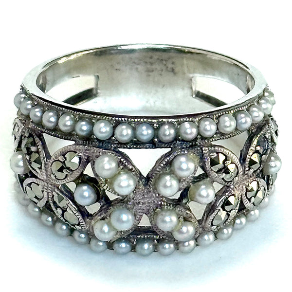 Broad Vintage Sterling Silver Seed Pearl and Marcasite Ring