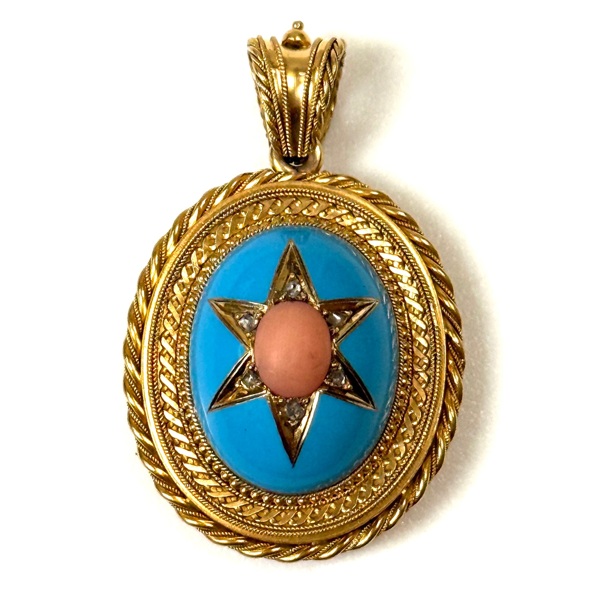 22ct Gold, Enamel, Coral and Diamond Locket Pendant