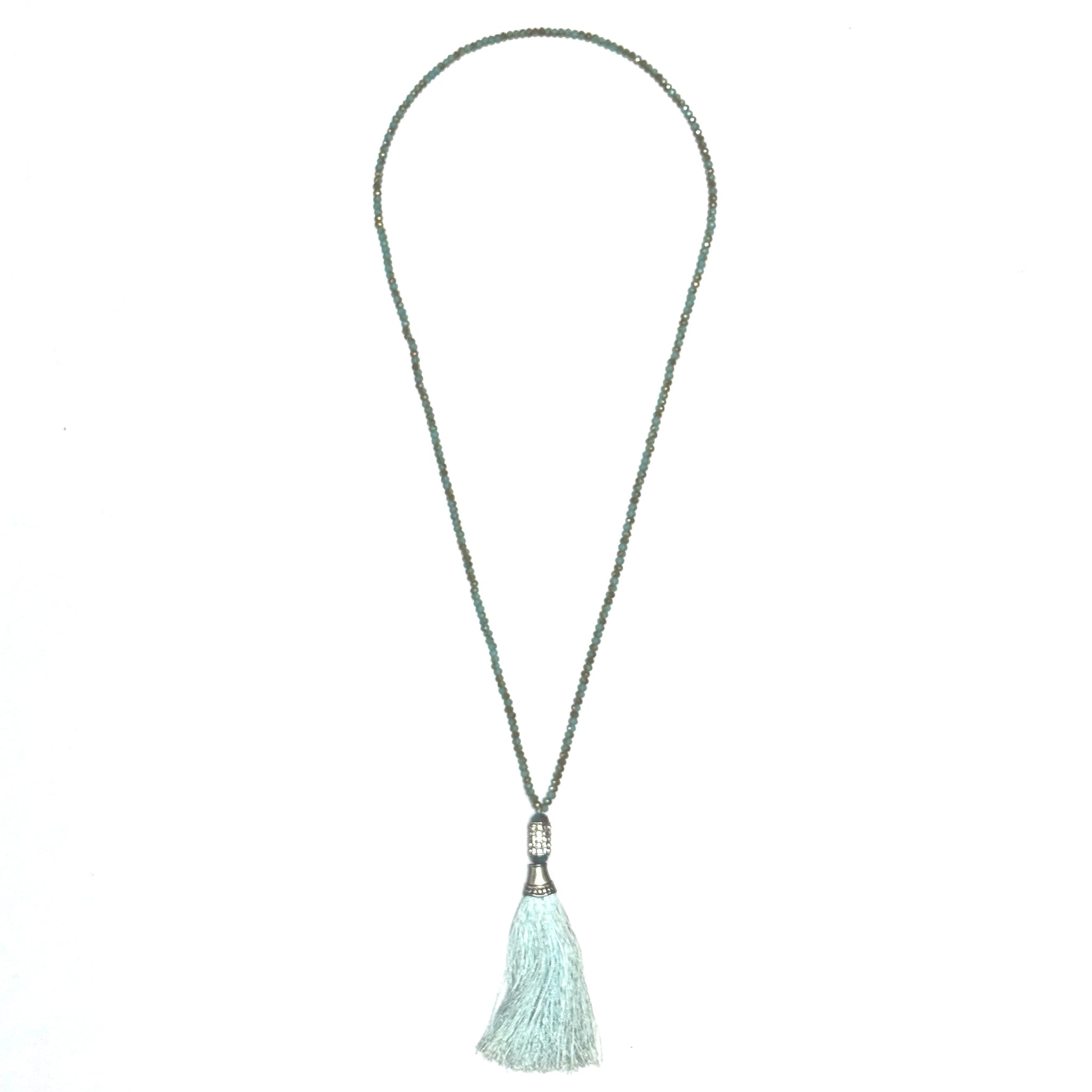 Long Blue-Green Facetted Bead and Silk Tassel Necklace