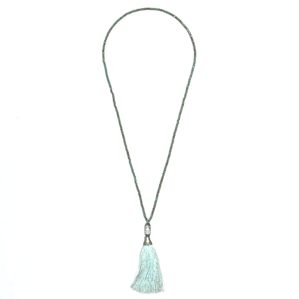 Long Blue-Green Facetted Bead and Silk Tassel Necklace