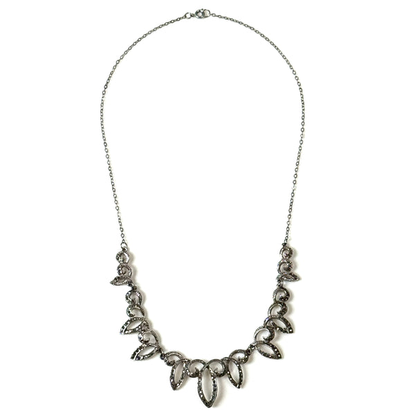 Vintage White Metal and Marcasite Floral Necklace