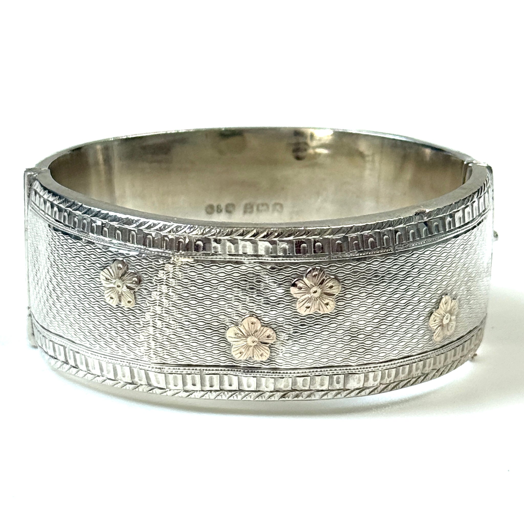 Vintage Sterling Silver and Gold Floral Hinged Bangle