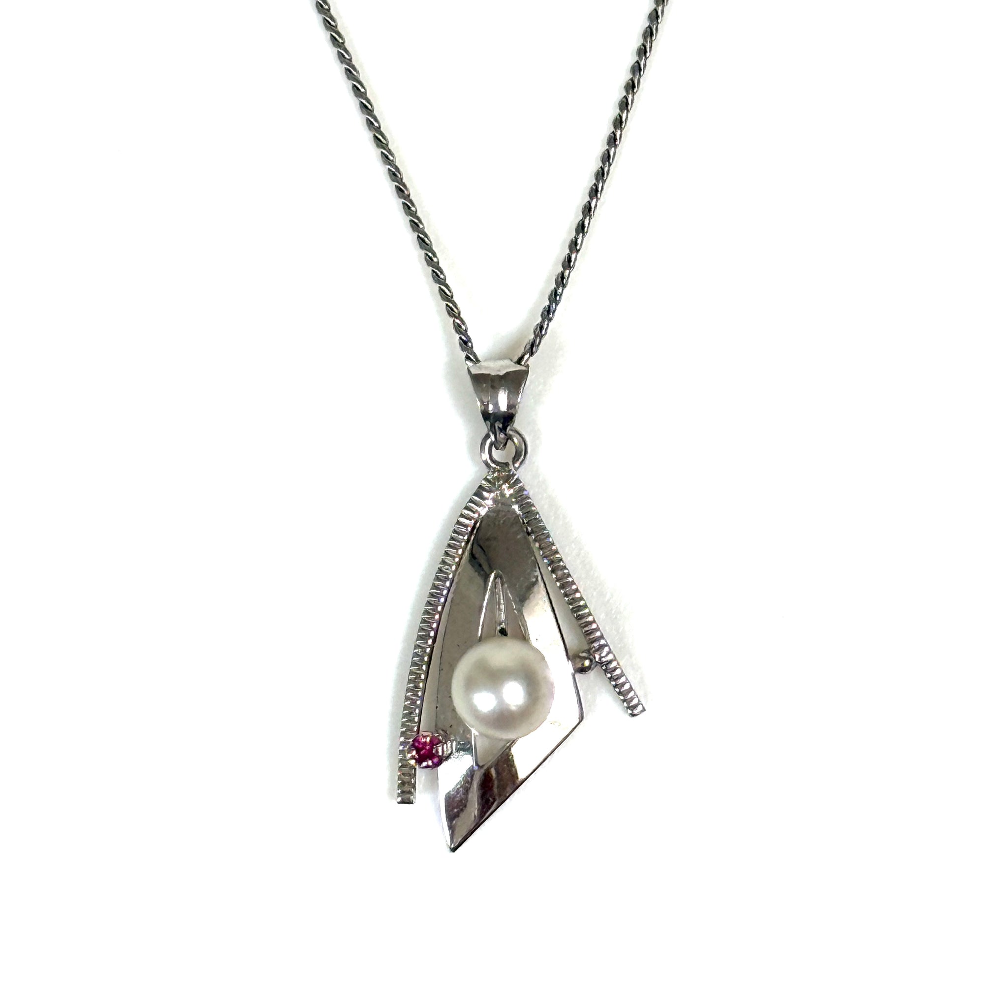 Mid-Century Silver, Pearl and Ruby Pendant Necklace