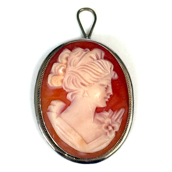 Vintage Silver, Yellow Gold and Shell Cameo Pendant