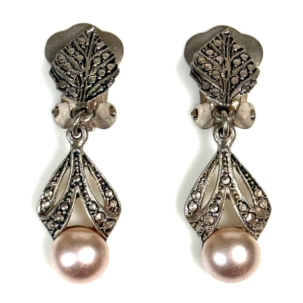 Vintage Marcasite and Faux Pearl Clip-On Drop Earrings