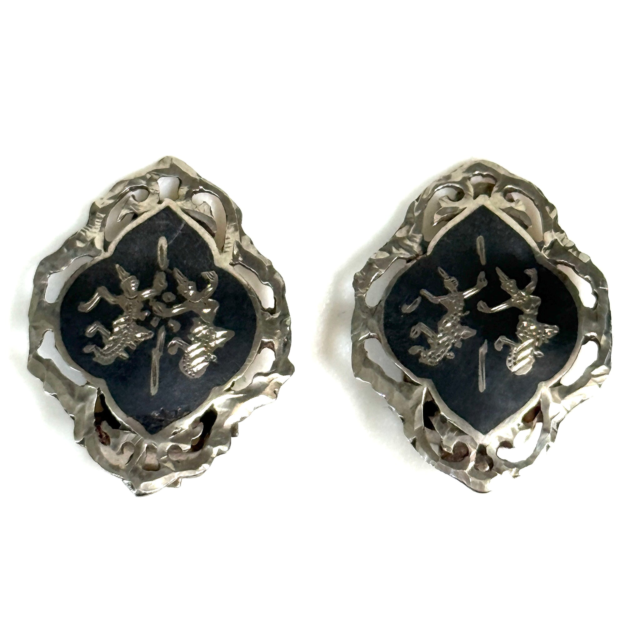 Vintage Siam Sterling Silver and Niello Clip-On Earrings