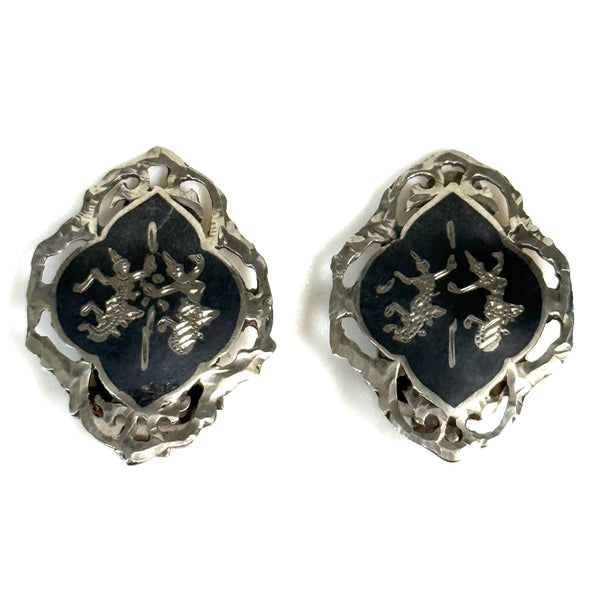 Vintage Siam Sterling Silver and Niello Clip-On Earrings