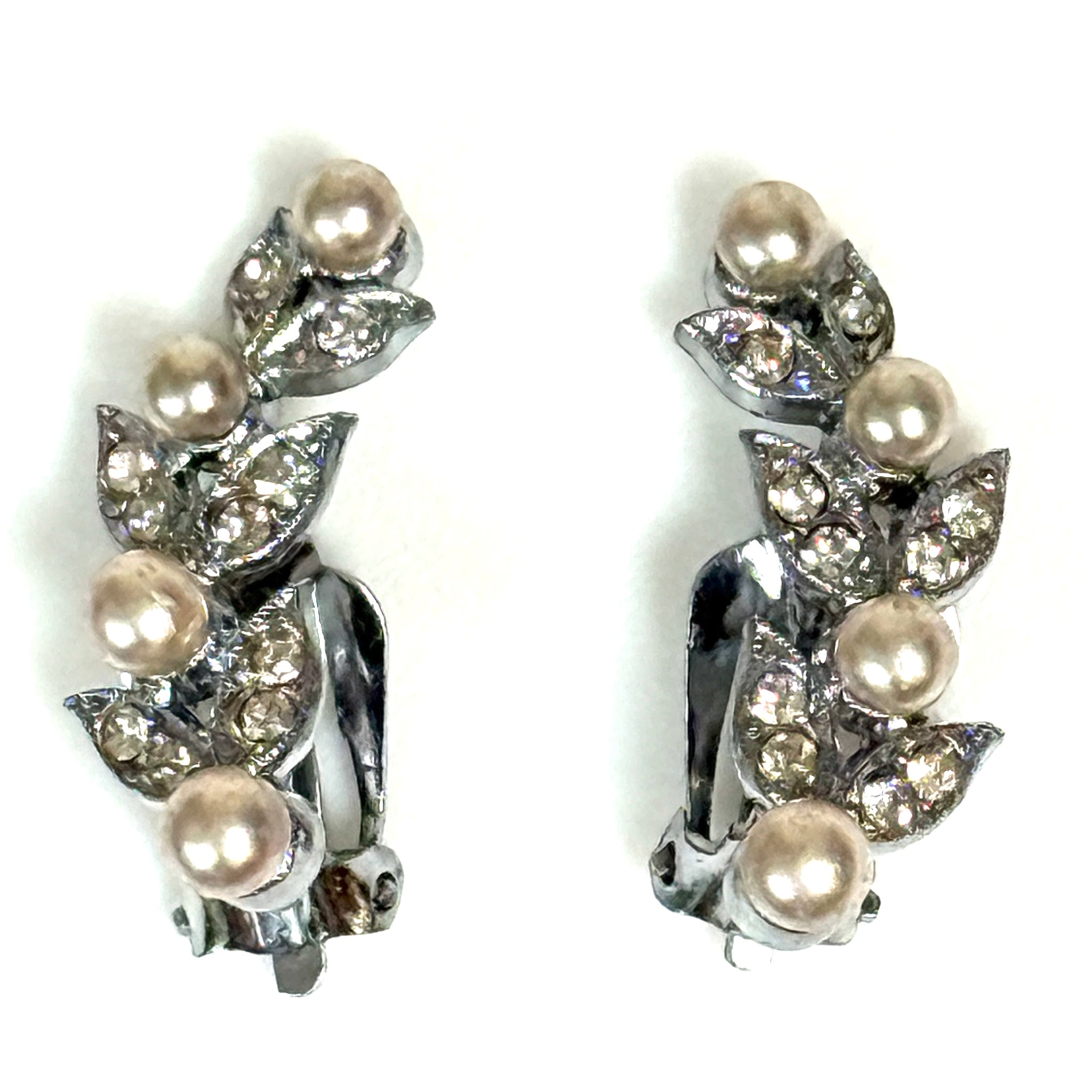 Vintage Crystal and Faux Pearl Clip-On Earrings