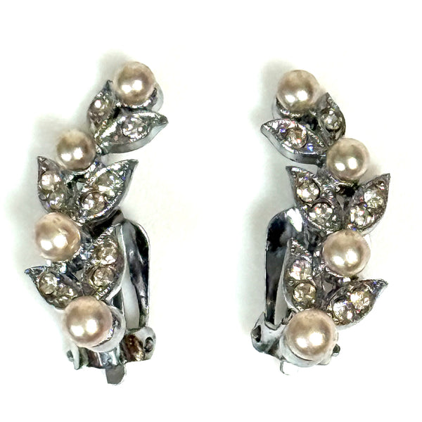 Vintage Crystal and Faux Pearl Clip-On Earrings