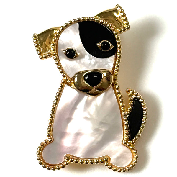 Gilded Silver, Onyx and Mother-of-Pearl “Lucky Dog” Brooch