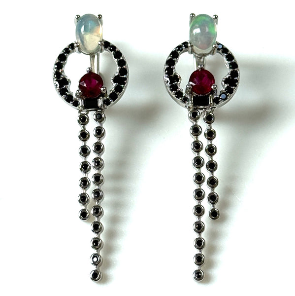 Sterling Silver, Opal, Ruby and Spinel Drop Earrings