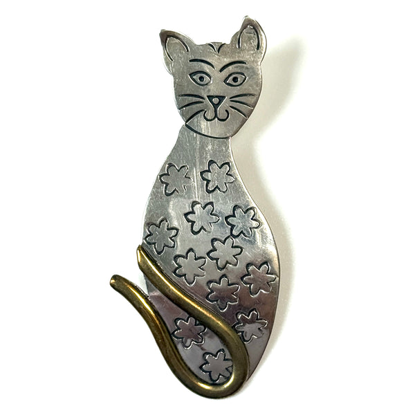 Large Sterling Silver and Brass “Cat” Pendant Brooch