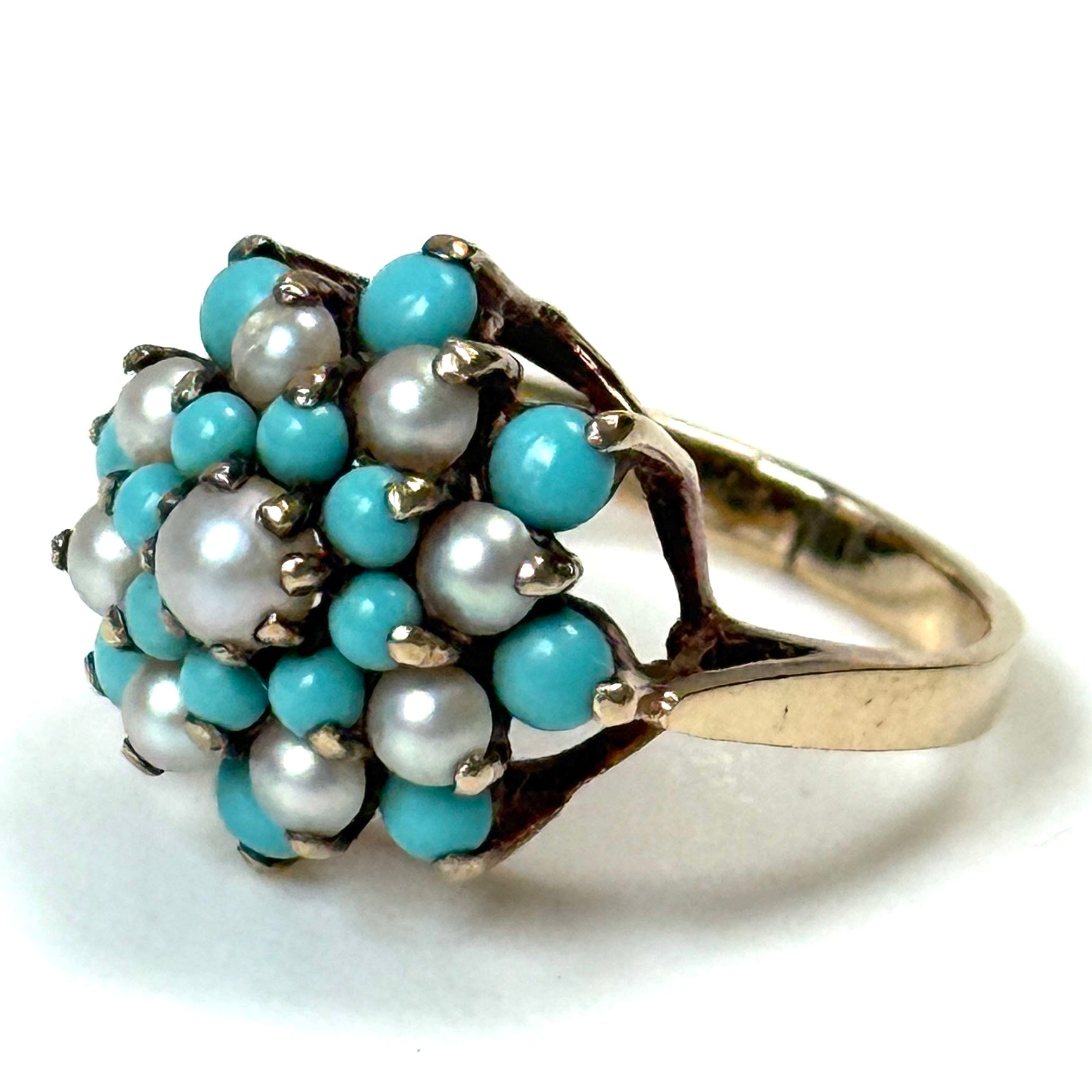 Mid-Century 9ct Gold, Turquoise and Seed Pearl Cluster Ring