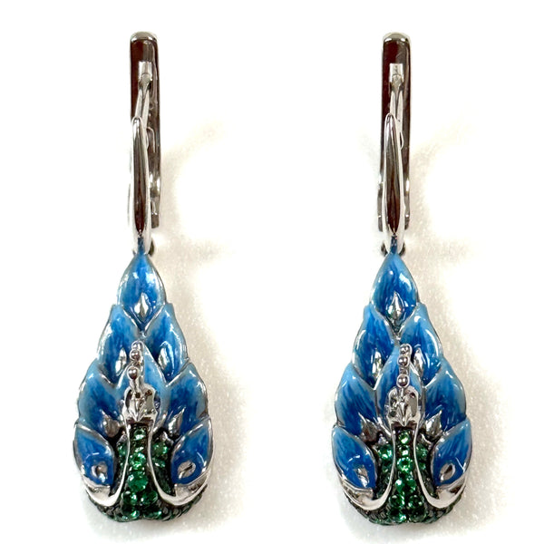 Sterling Silver, Enamel and Spinel “Peacock” Drop Earrings