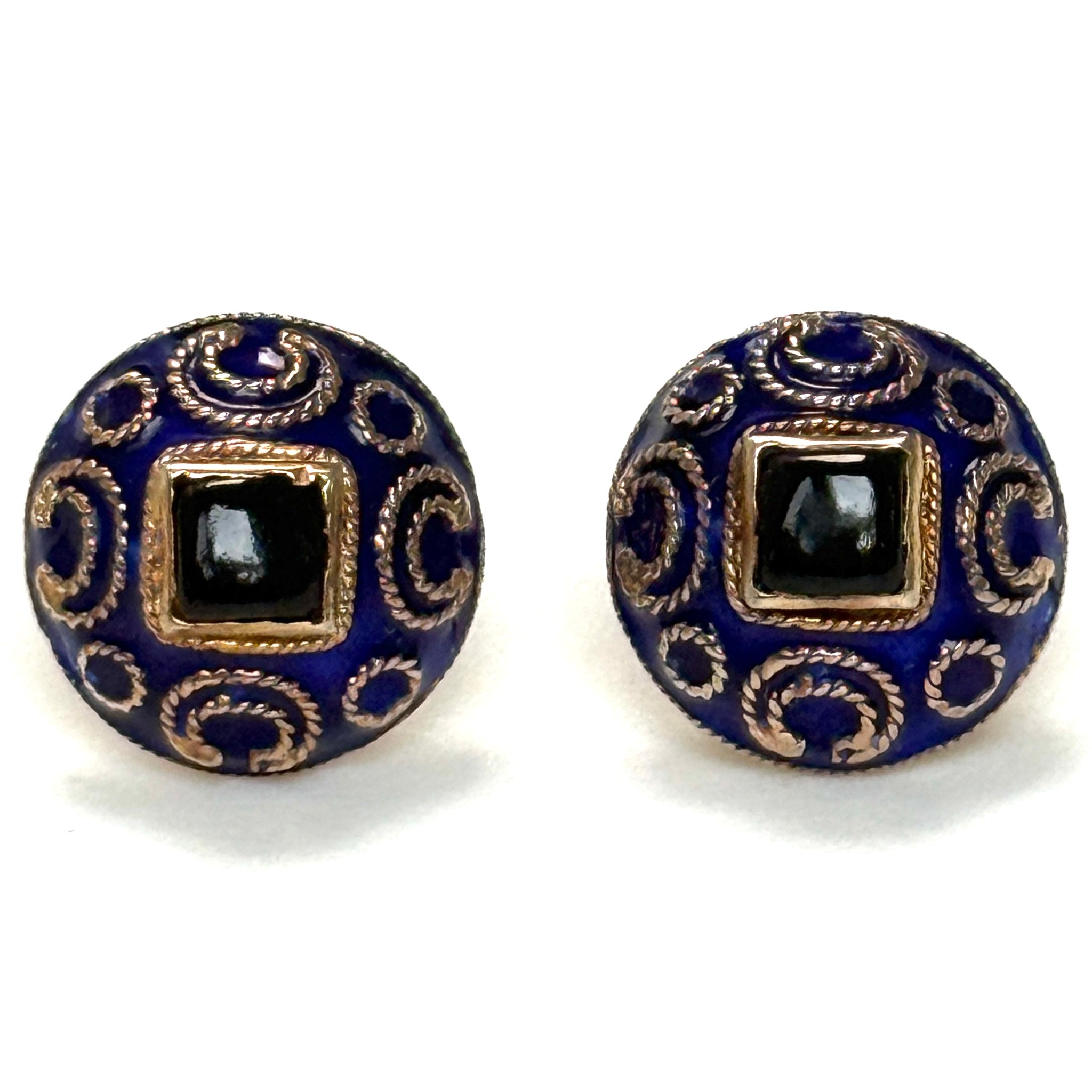 Gilded Silver, Onyx and Enamel Stud Earrings
