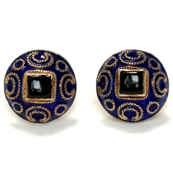 Gilded Silver, Onyx and Enamel Stud Earrings