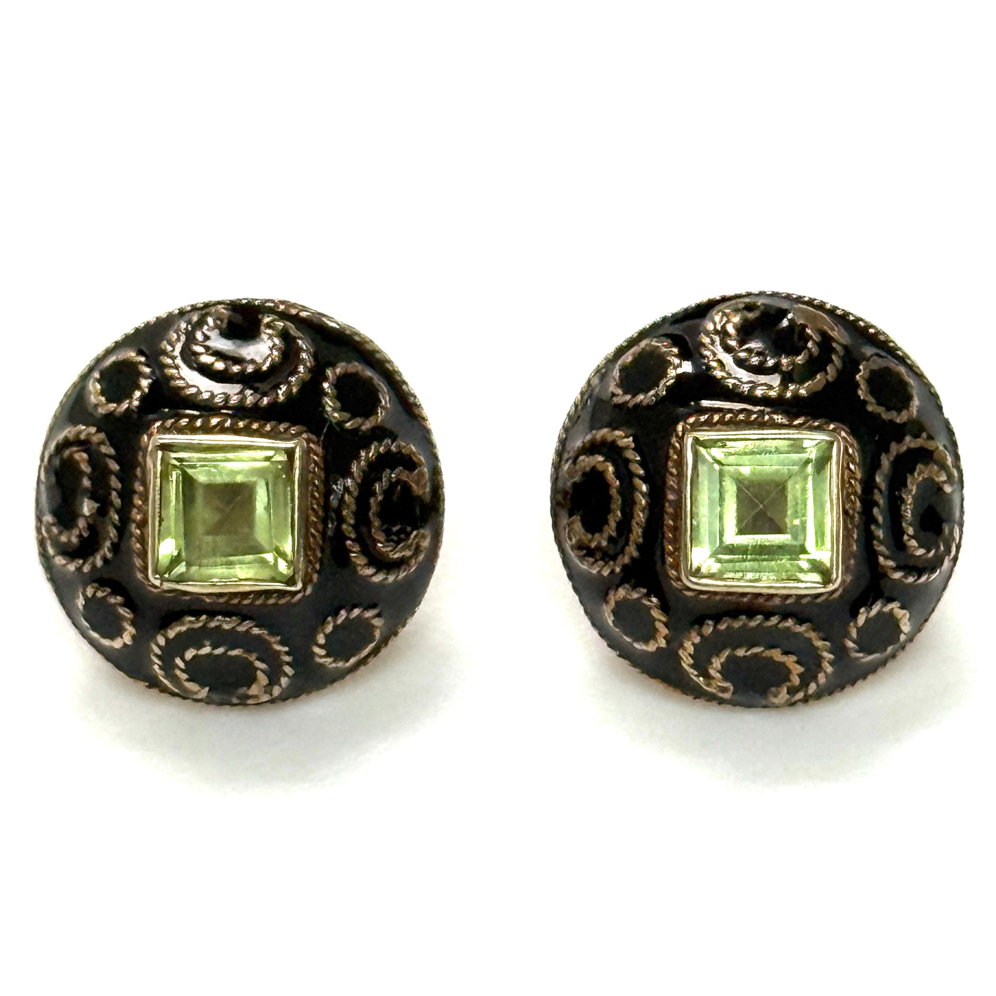 Gilt Metal, Peridot and Enamel Stud Earrings