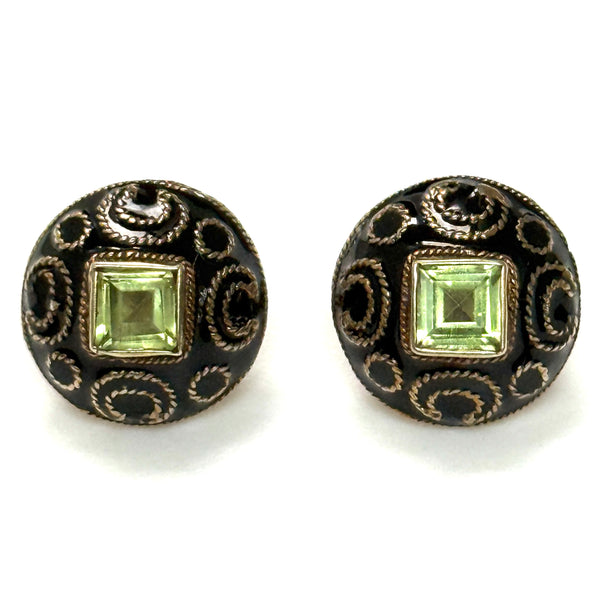 Gilt Metal, Peridot and Enamel Stud Earrings