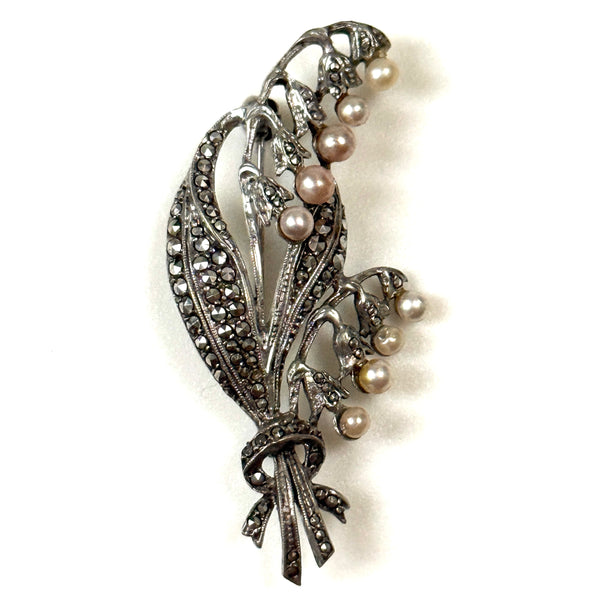 Vintage Sterling Silver, Marcasite and Pearl “Floral” Brooch