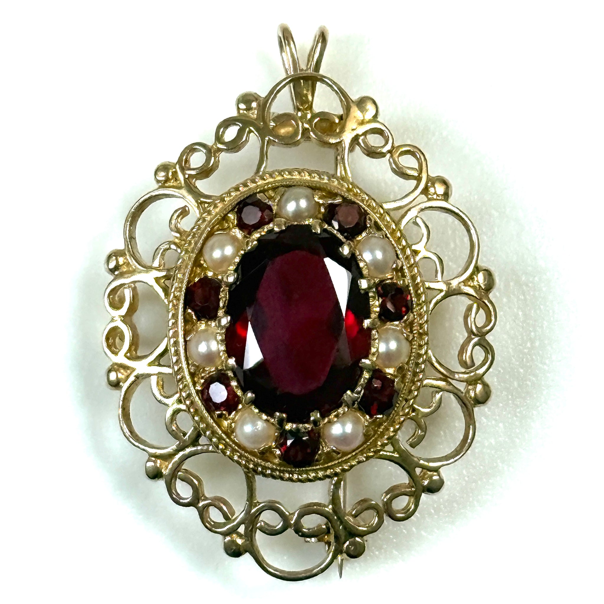 Vintage 9ct Gold, Synthetic Ruby and Seed Pearl Pendant Brooch