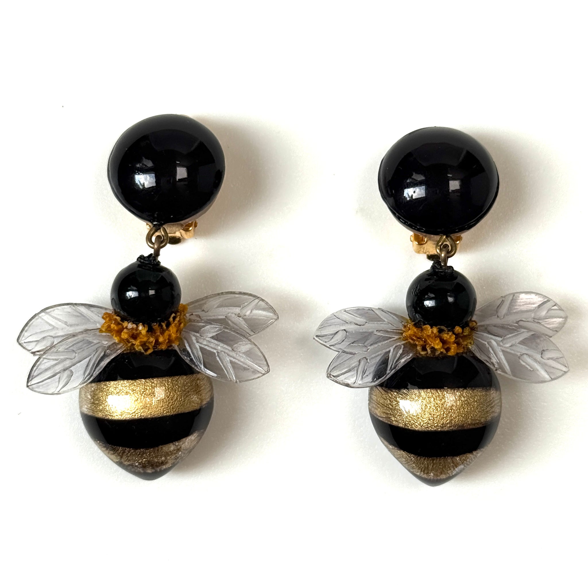 Handmade Cilea Bijoux Paris “Bourdon” Bumblebee Clip-on Drop Earrings