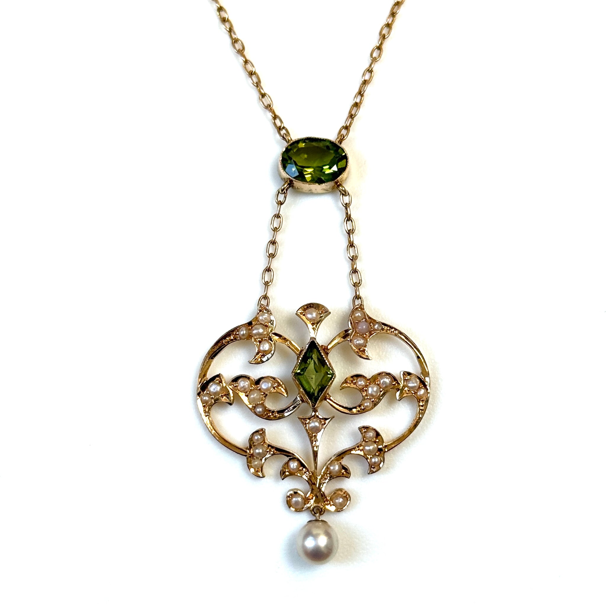 15ct Gold, Pearl and Peridot Edwardian Lavaliere Necklace
