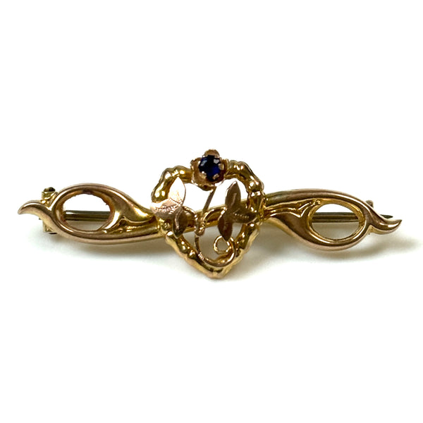 Antique 9ct Yellow Gold and Sapphire “Heart” Bar Brooch