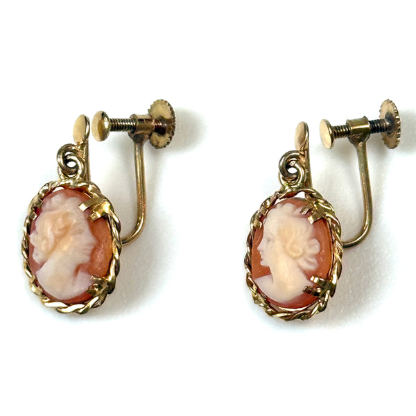 Petite 9ct Yellow Gold and Shell Cameo Screw-On Drop Earrings