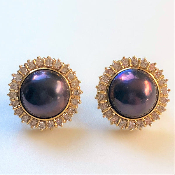 18ct Gold, Black Mabé Pearl and Diamond Stud Earrings