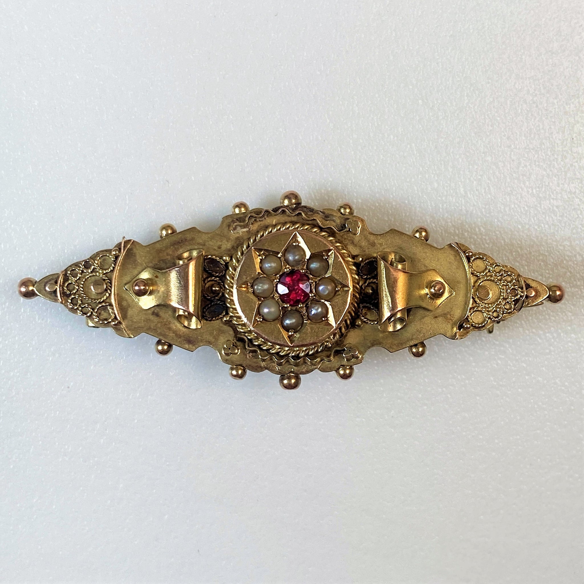 Antique 9ct Gold, Ruby and Pearl Bar Brooch