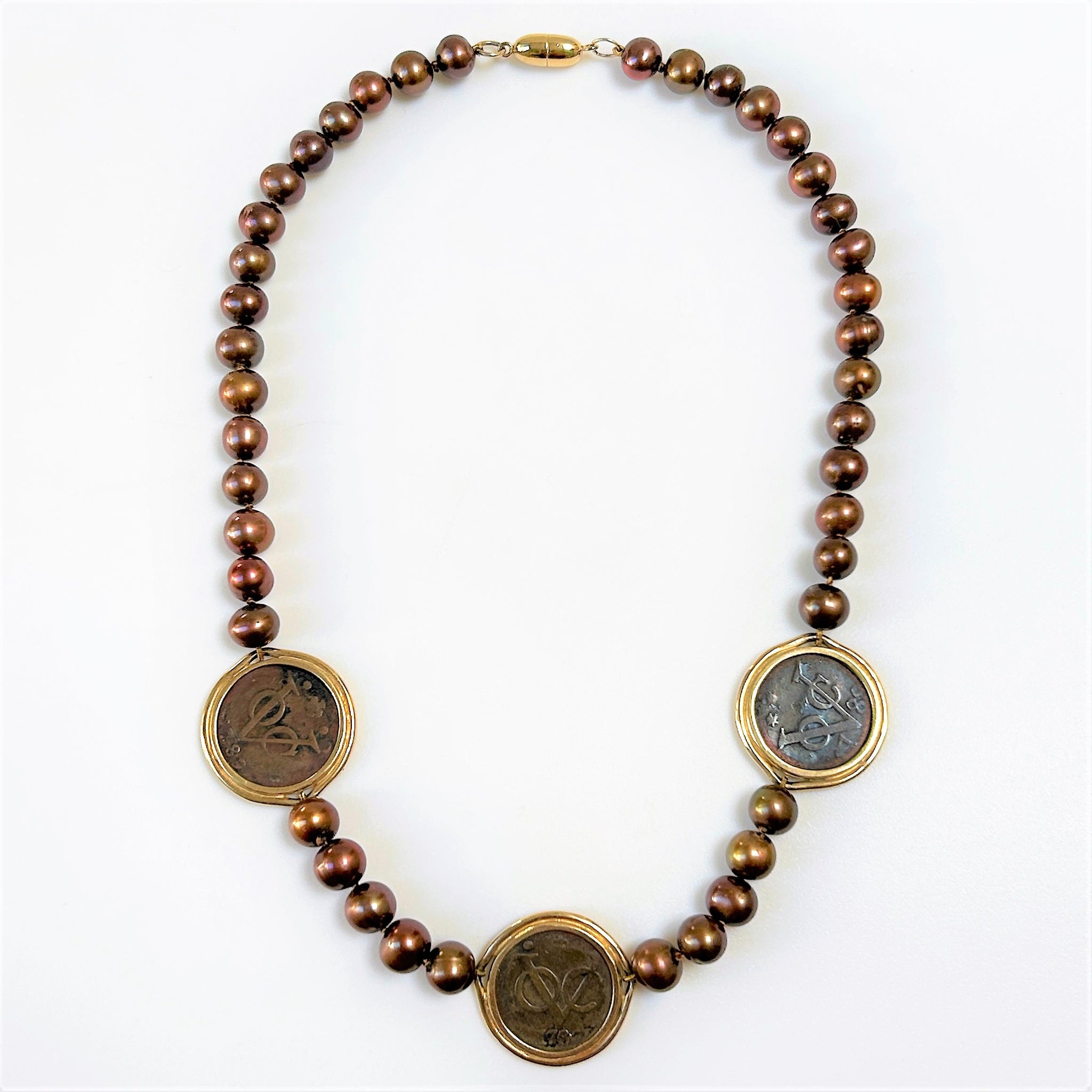 18ct Gold, Brown Pearl and Antique V.O.C. Coin Necklace