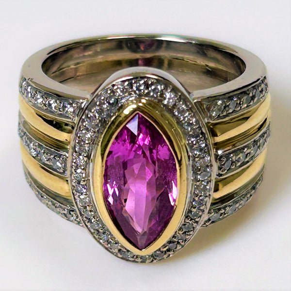 Large Vintage 18ct White Gold, Diamond and Pink Sapphire Ring