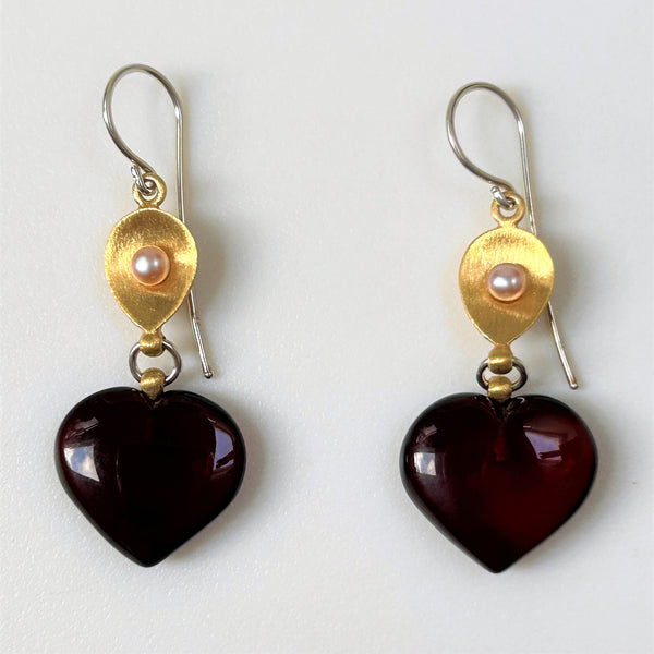 Gold-Plated Sterling Silver, Pearl and Amber Drop Earrings