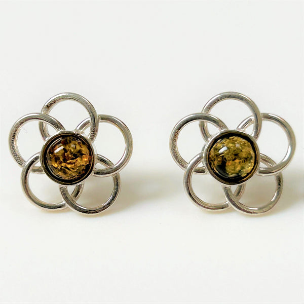 Sterling Silver and Amber Flower Stud Earrings