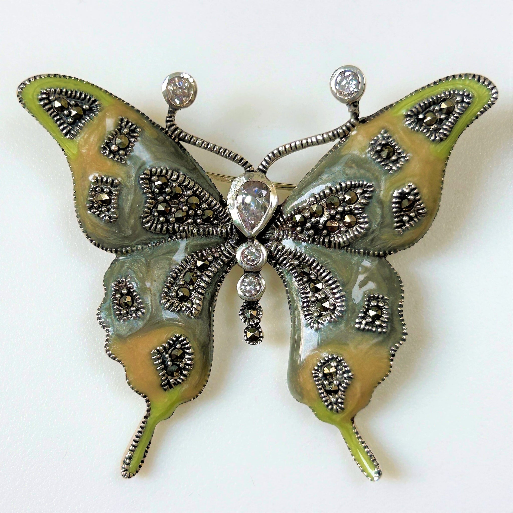 Enamelled Silver, Marcasite and Crystal “Butterfly” Brooch