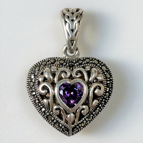 Silver, Cubic Zirconia and Marcasite “Heart” Locket Pendant
