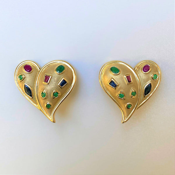 14ct Gold, Emerald, Ruby and Sapphire "Heart" Earrings