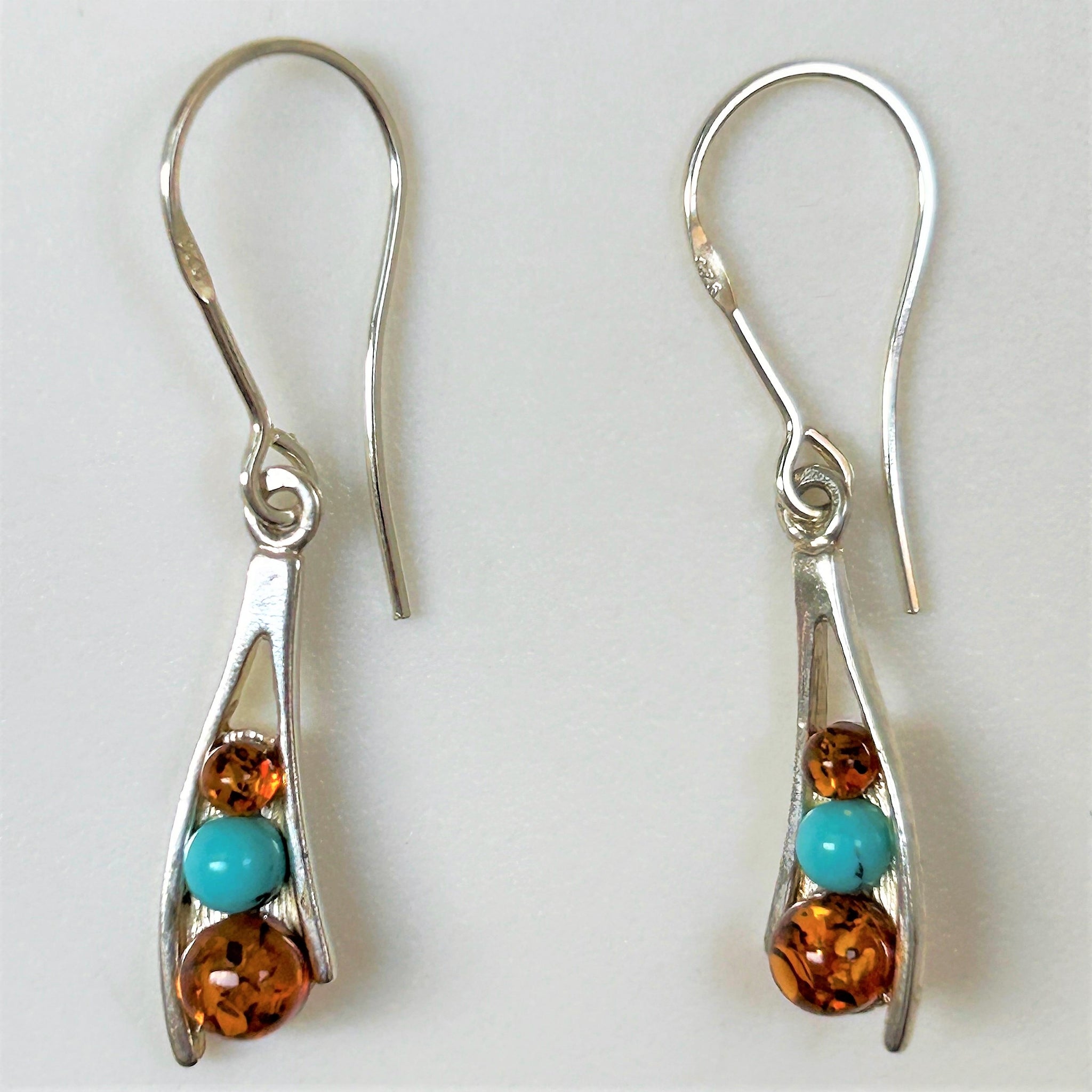 Sterling Silver, Turquoise and Amber Drop Earrings
