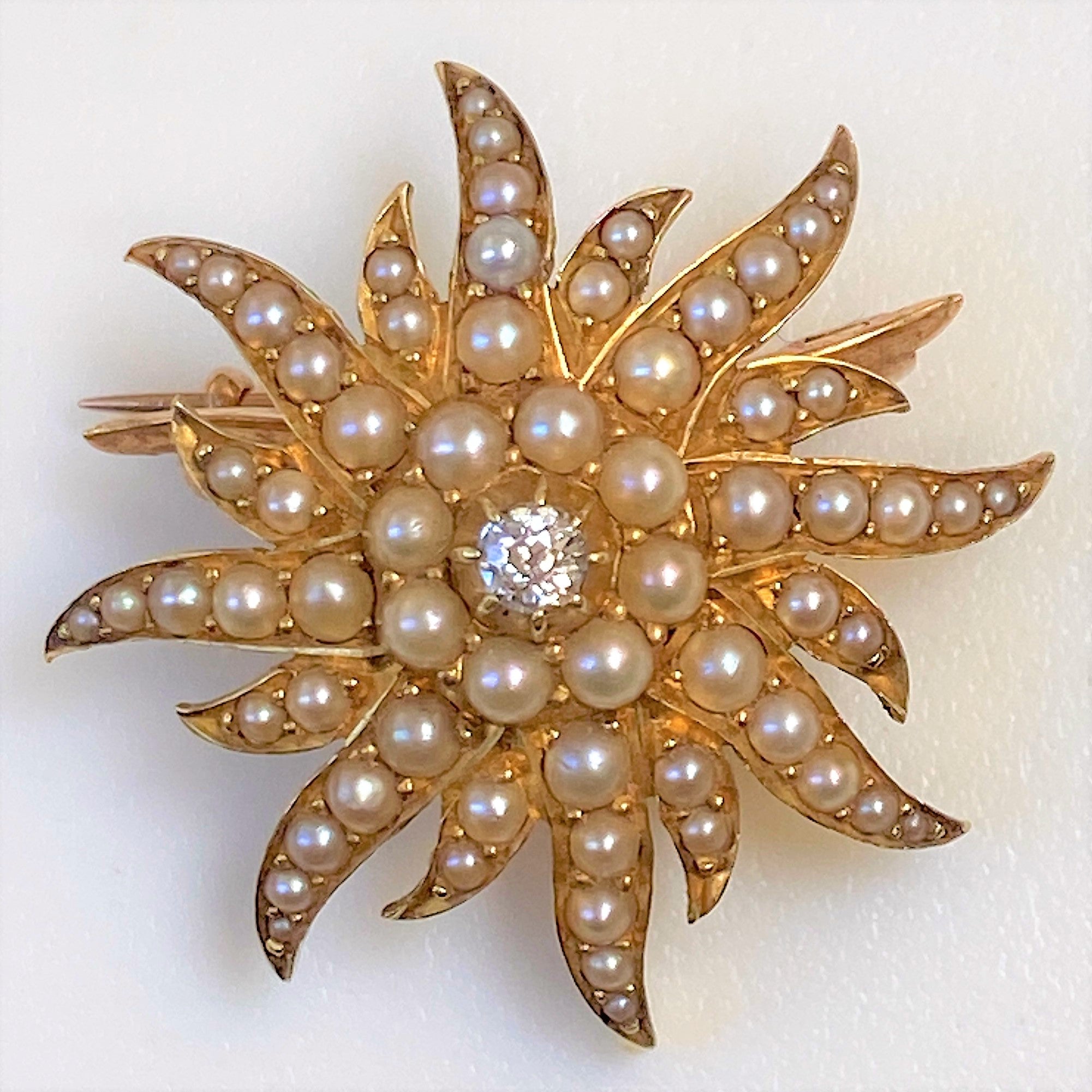 15ct Gold, Diamond and Seed Pearl “Sunburst” Pendant Brooch