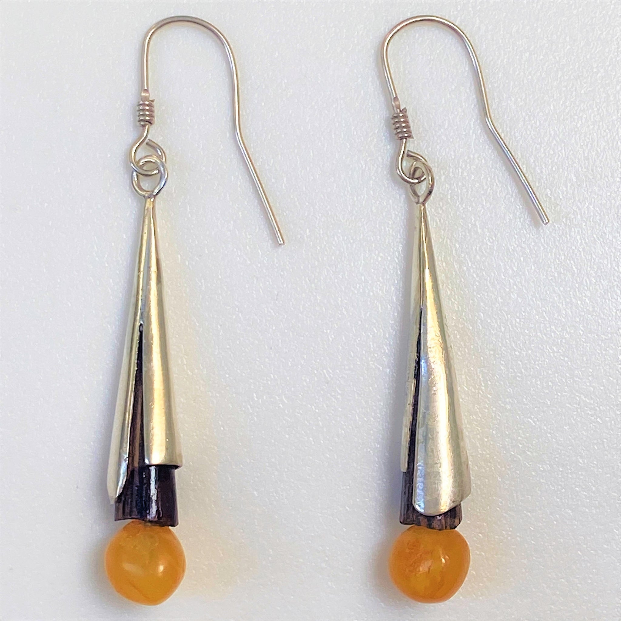 Sterling Silver, Amber and Wood Drop Earrings
