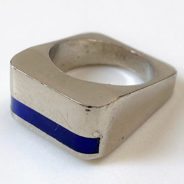 Modernist White Metal and Blue Stripe Ring