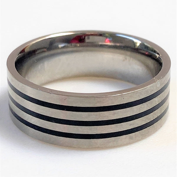 Stainless Steel Men’s Ring with Black Stripes