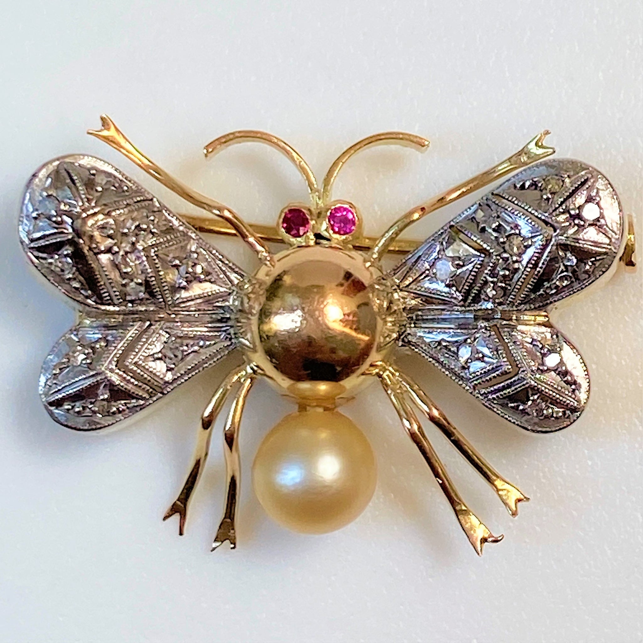 Gold and Palladium, Diamond, Pearl and Ruby “Insect” Brooch